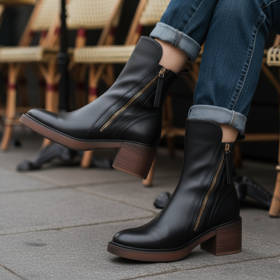 Adèle – Bottines noires en cuir à talon confort, élégantes et intemporelles