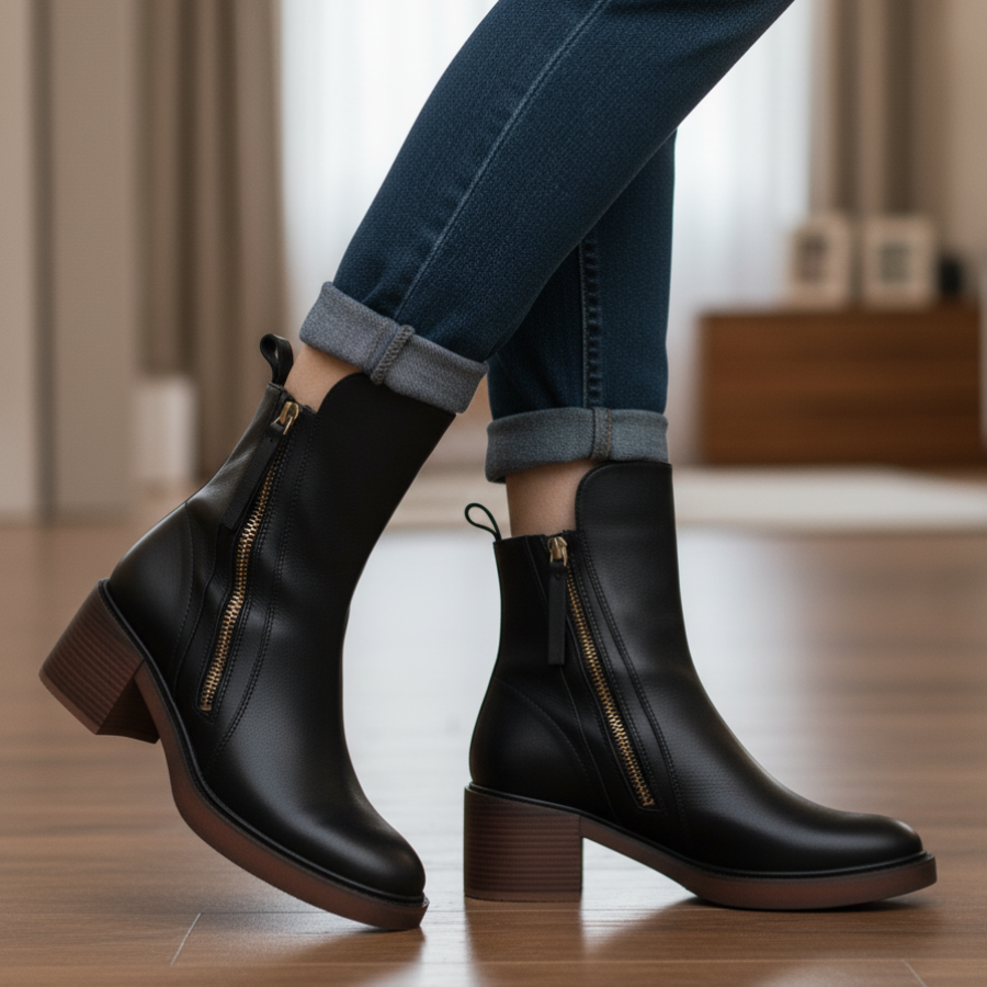 Adèle – Bottines noires en cuir à talon confort, élégantes et intemporelles
