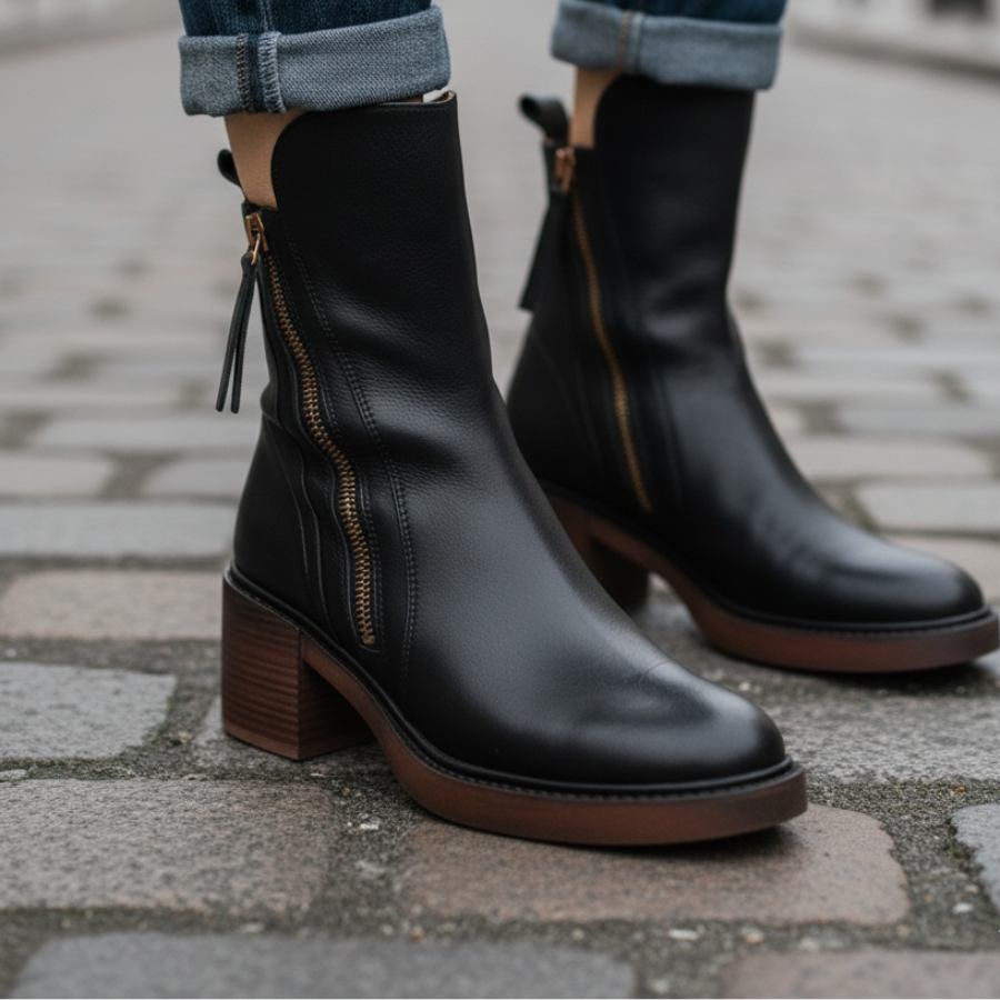 Adèle – Bottines noires en cuir à talon confort, élégantes et intemporelles