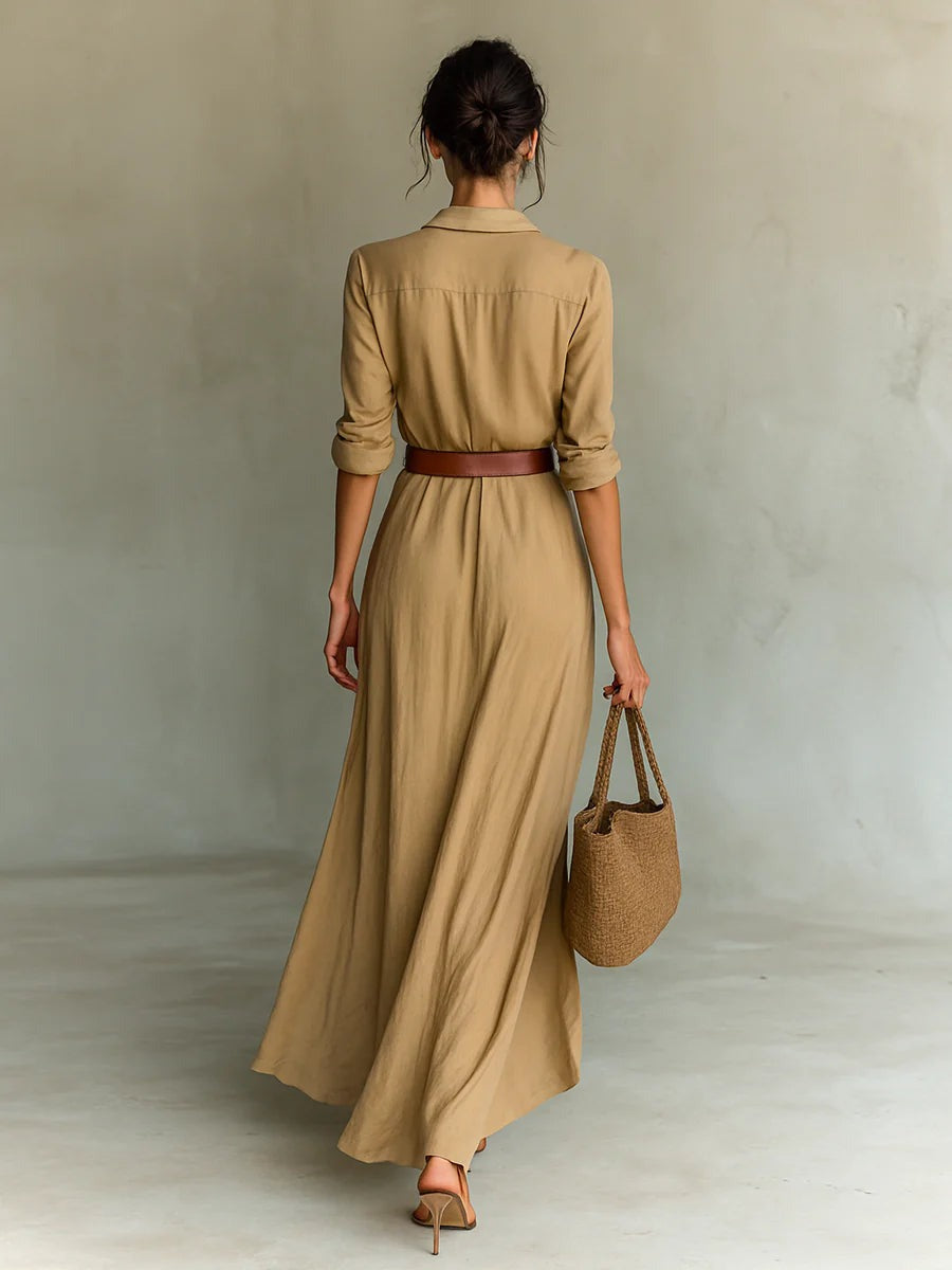 Isabelle | Robe longue ceinturée à manches longues et revers