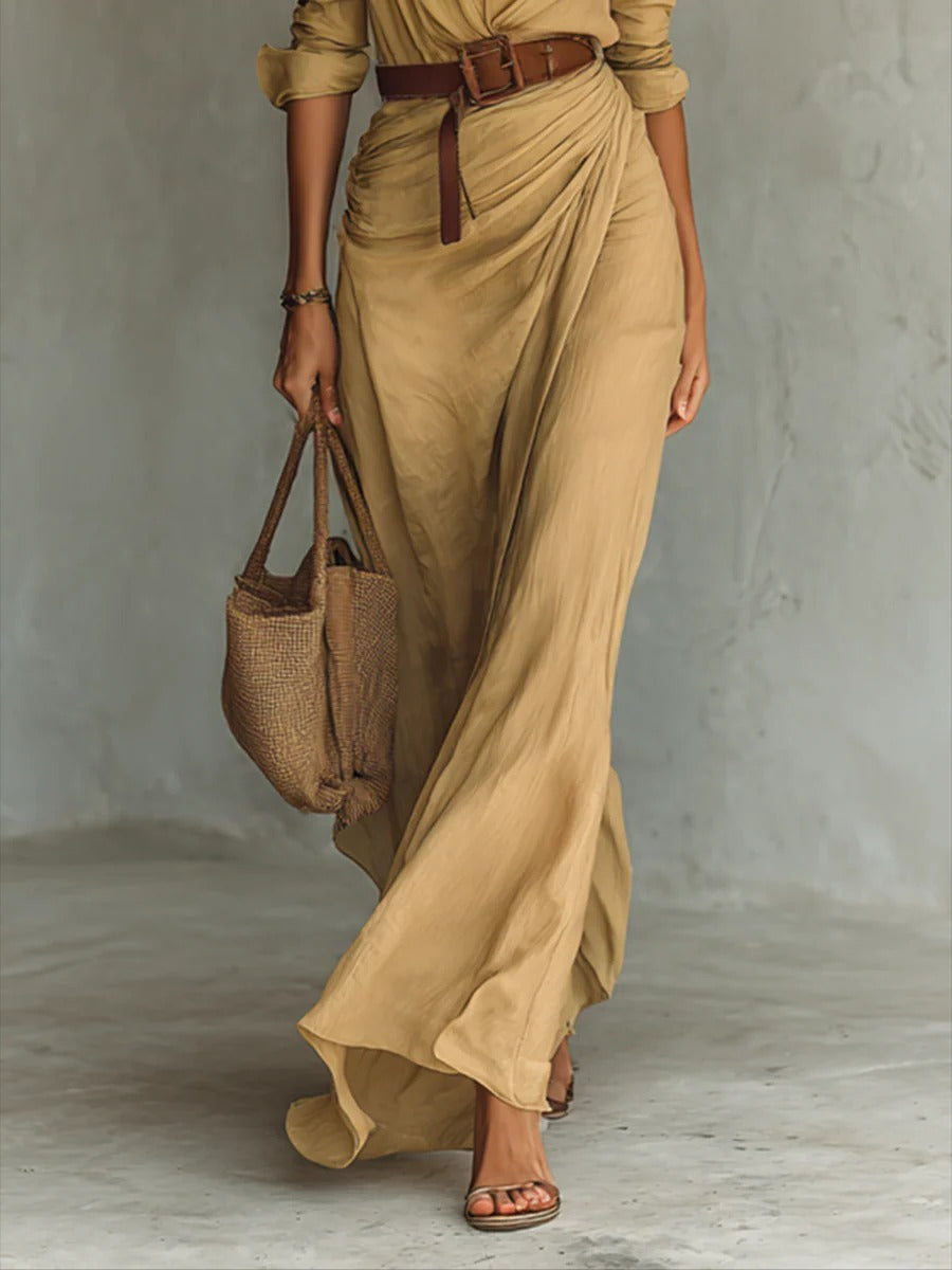 Isabelle | Robe longue ceinturée à manches longues et revers