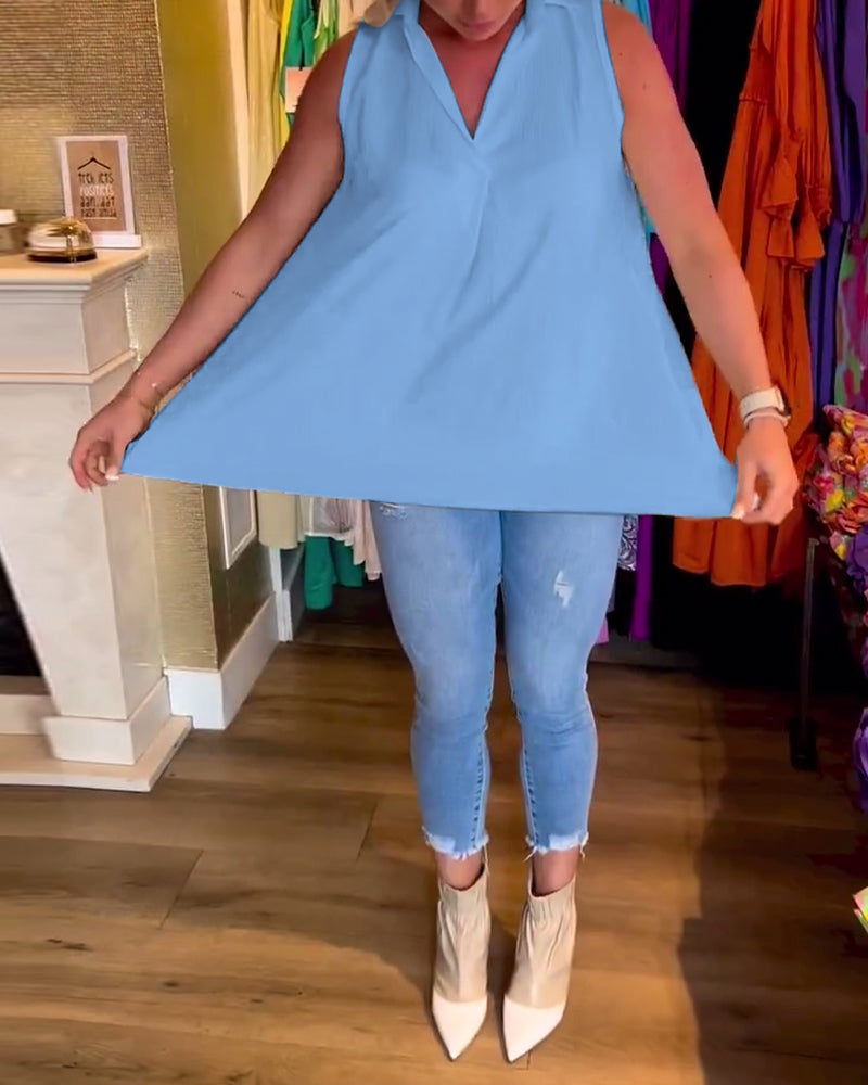 Tahliana™ - Top Sans Manches avec Volants Subtils et Revers Élégants