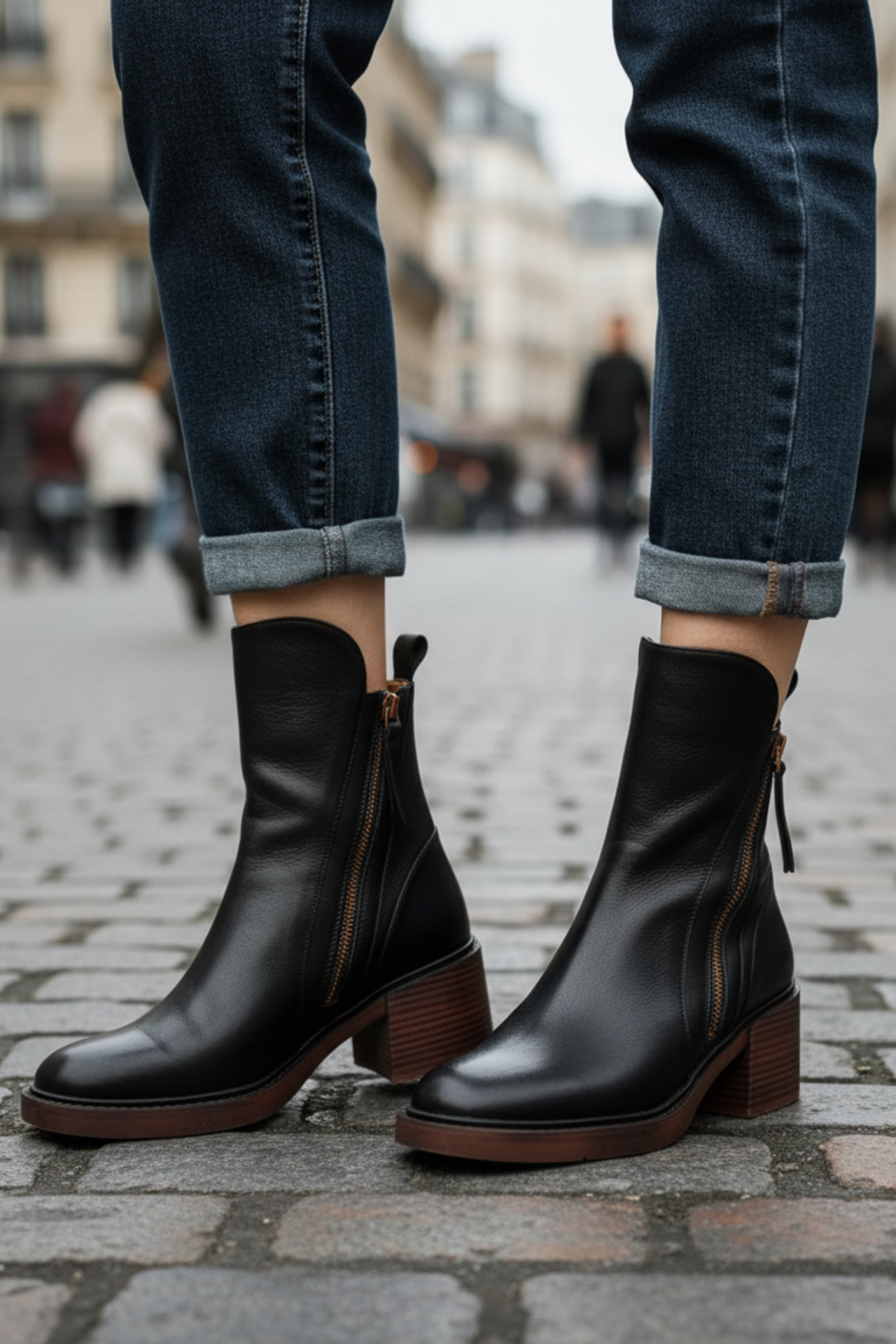 Adèle – Bottines noires en cuir à talon confort, élégantes et intemporelles