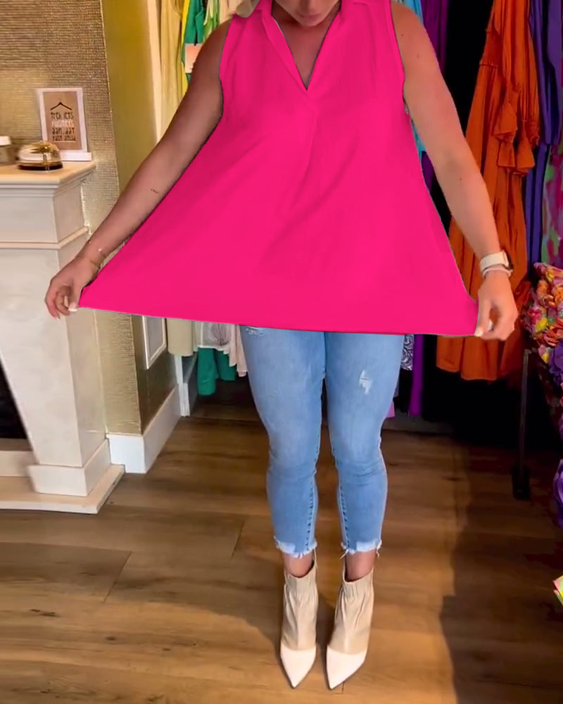 Tahliana™ - Top Sans Manches avec Volants Subtils et Revers Élégants