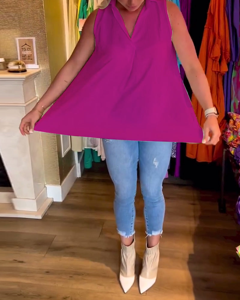 Tahliana™ - Top Sans Manches avec Volants Subtils et Revers Élégants