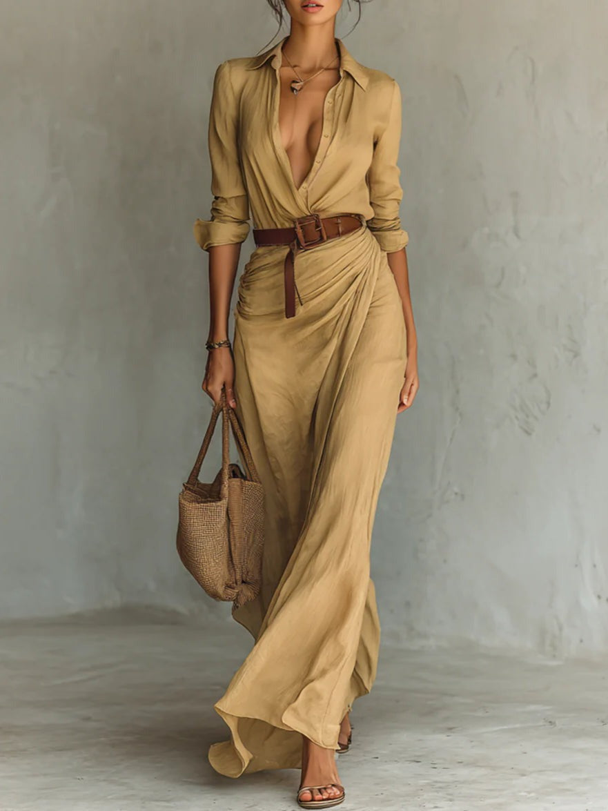 Isabelle | Robe longue ceinturée à manches longues et revers