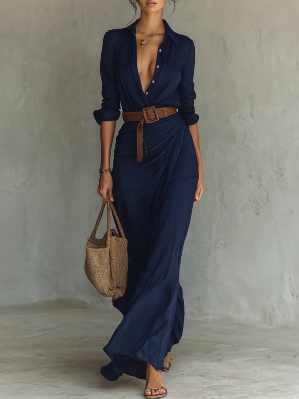 Isabelle | Robe longue ceinturée à manches longues et revers