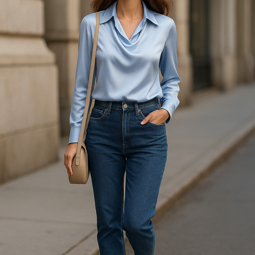 Laureline™ - Blouse Brillante avec Col Plissé – Chic & Intemporelle